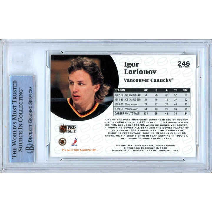 Igor Larionov Vancouver Canucks Signed 1991-92 Pro Set Hockey Card BAS Auth Auto Slab