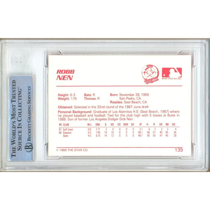 Baseballs- Autographed- Robb Nen Texas Rangers Signed 1989 Star Minor League Rookie Card Beckett Authentic Auto Slab Back