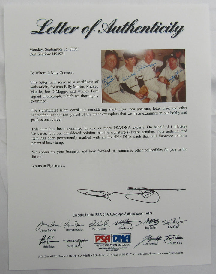 Mickey Mantle Joe DiMaggio Whitey Ford Billy Martin Signed Auto 11x14 Photo PSA/DNA LOA H54921