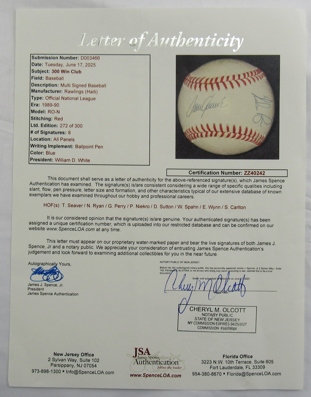 300 Wins Club Signed Rawlings Baseball JSA LOA ZZ40242
