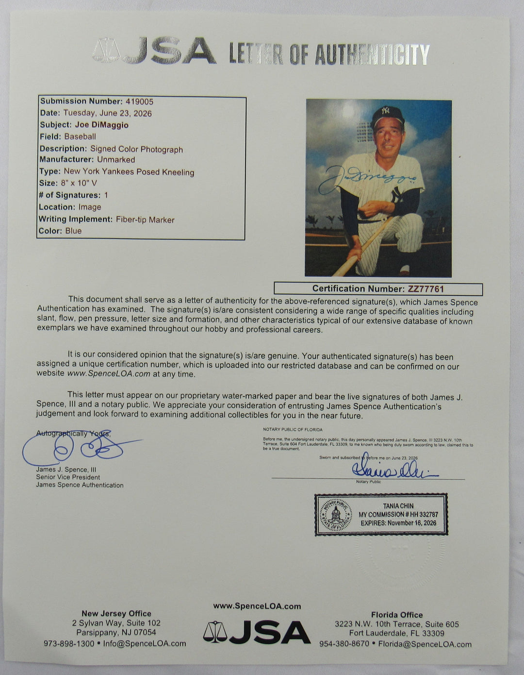 Joe DiMaggio Signed Auto 8x10 Photo JSA LOA ZZ77761