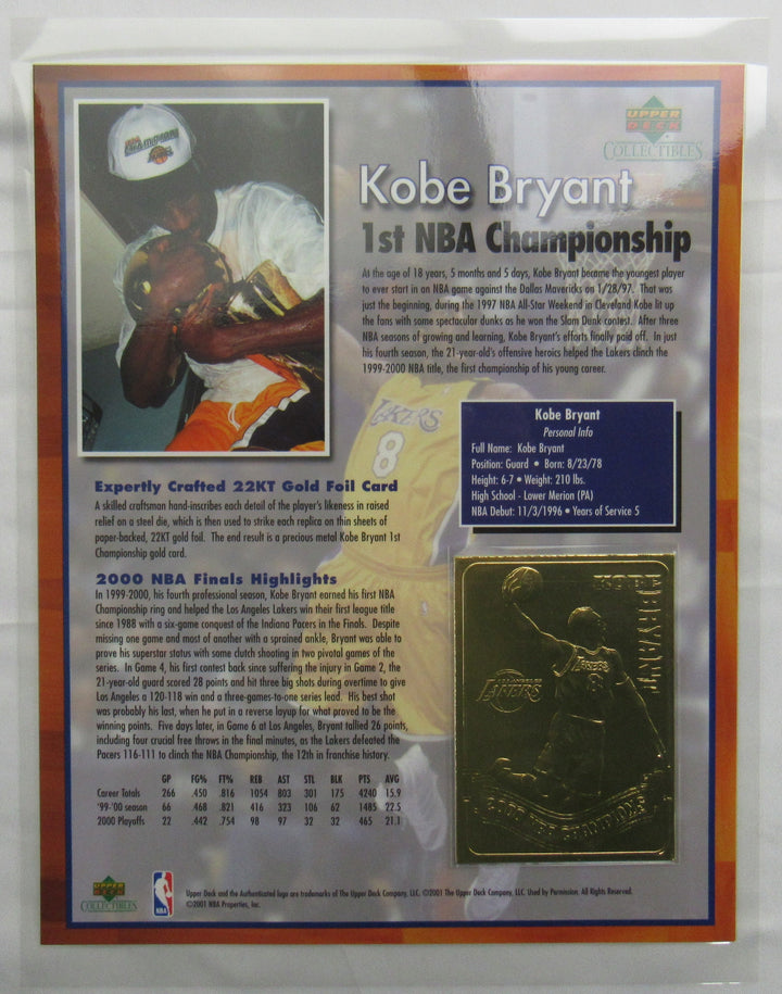 Kobe Bryant 2001 Upper Deck 22KT Gold Foil Basketball Card