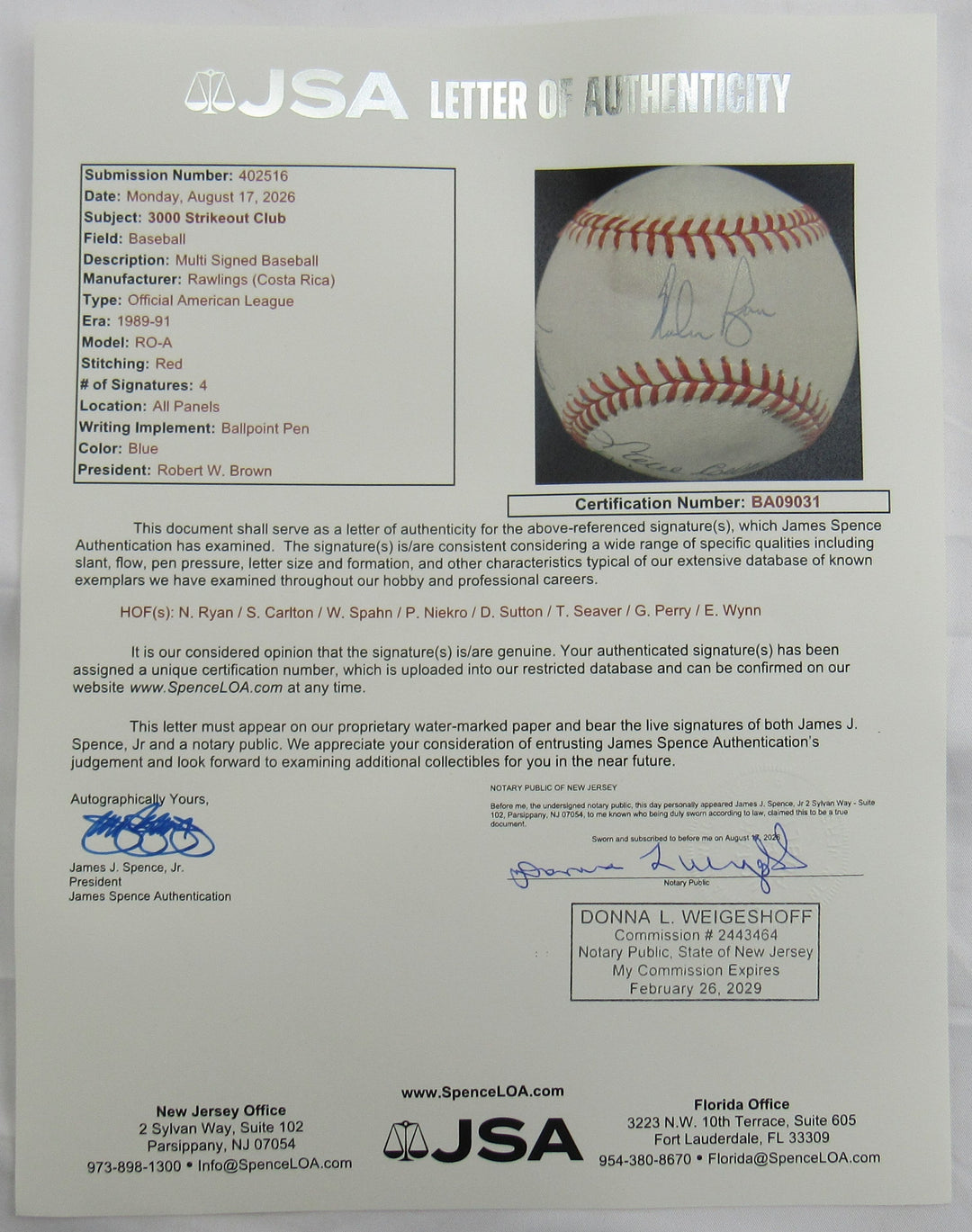 3000 Strikeout Club Signed Rawling Baseball JSA BA09031 Nolan Ryan Steve Carlton Warren Spahn Phil Niekro Don Sutton Tom Seaver Gaylord Perry Early Wynn