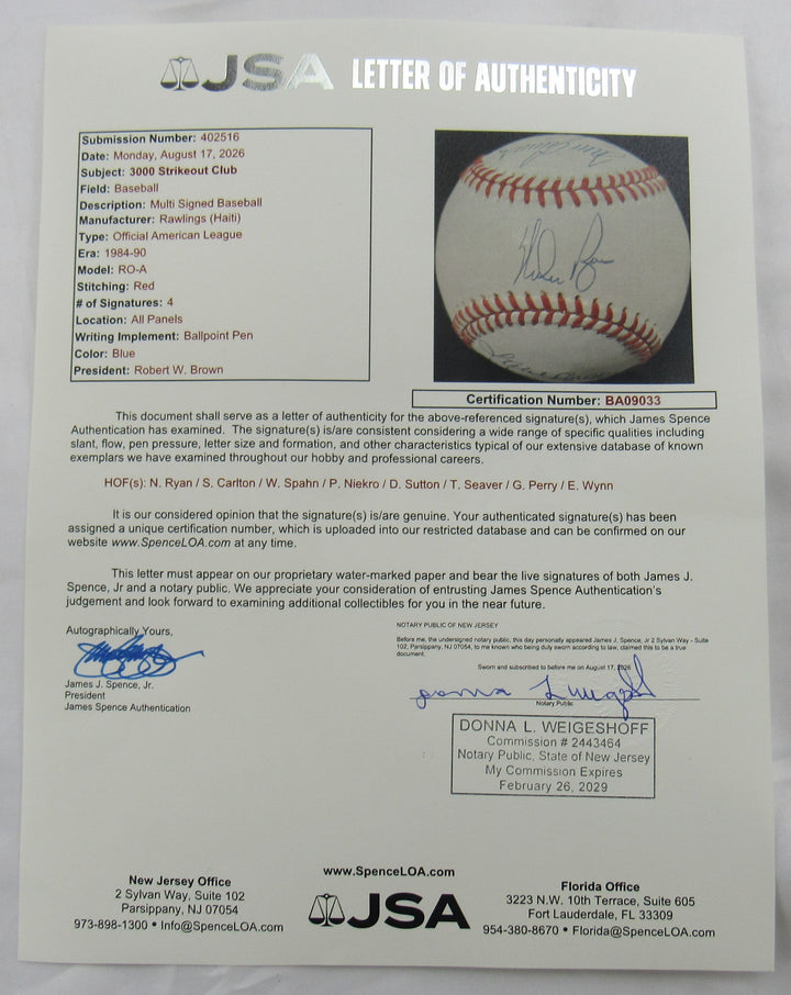 3000 Strikeout Club Signed Rawling Baseball JSA BA09033 Nolan Ryan Steve Carlton Warren Spahn Phil Niekro Don Sutton Tom Seaver Gaylord Perry Early Wynn