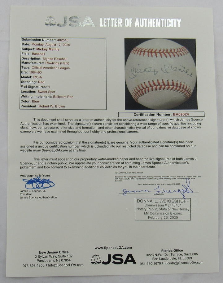 Mickey Mantle Signed Rawlings Baseball JSA BA09024