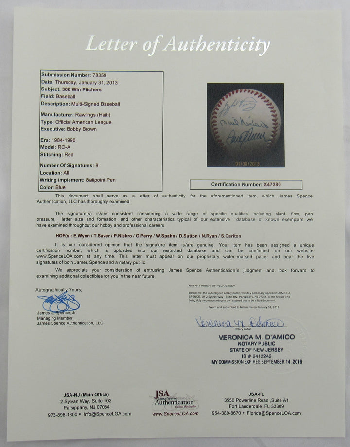300 Wins Club Signed Rawlings Baseball JSA LOA X47280 - 8 Signatures