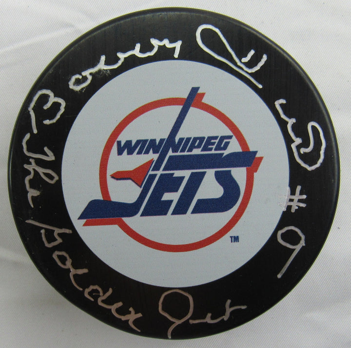 Bobby Hull Signed Jets Logo Hockey Puck w/ Insc Beckett U49396