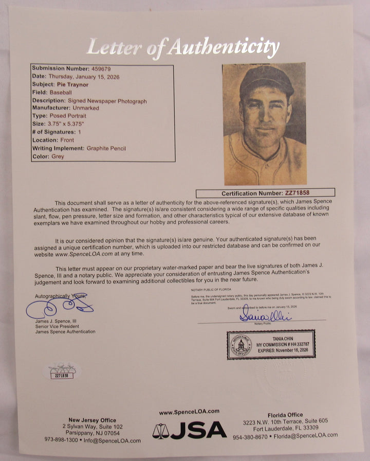 Pie Traynor Signed Auto Newspaper Photograph JSA LOA ZZ71858