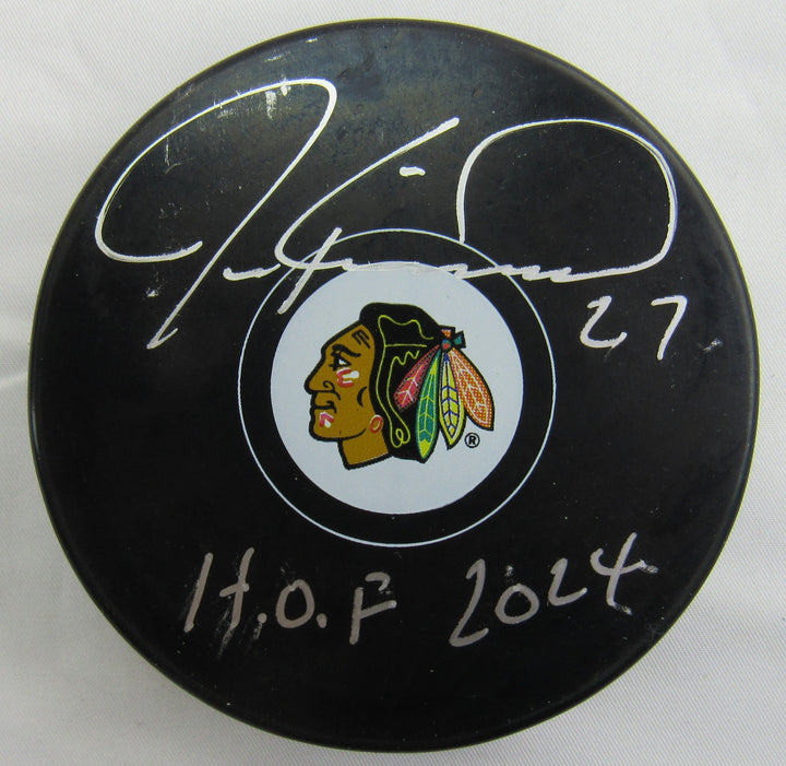 Jeremy Roenick Signed Blackhawks Logo Hockey Puck w/ Insc Beckett Hologram