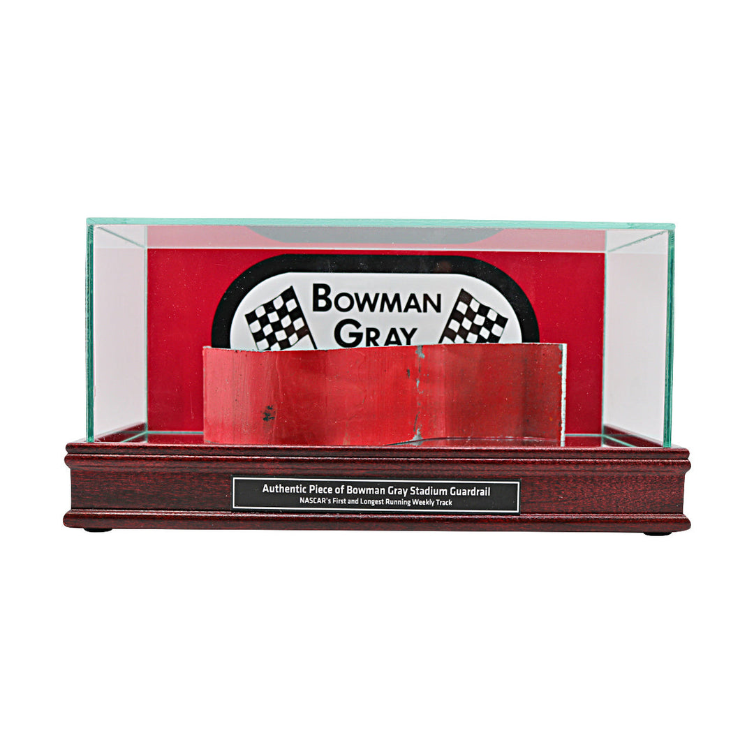 Bowman Gray Stadium Authentic Long Piece of Actual Guardrail in Desktop Display Case with Stadium Logo Background