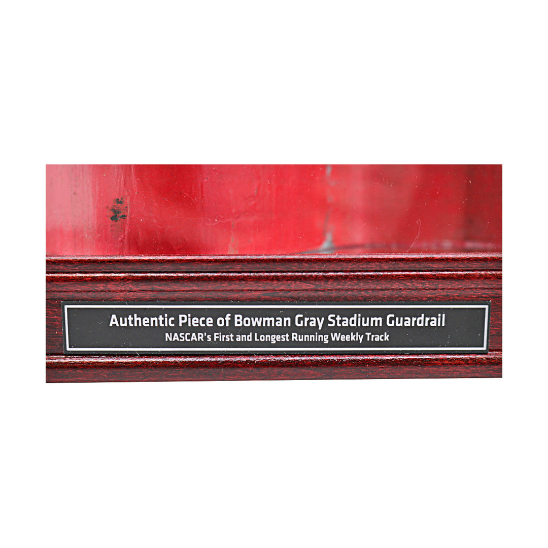 Bowman Gray Stadium Authentic Long Piece of Actual Guardrail in Desktop Display Case with Stadium Logo Background