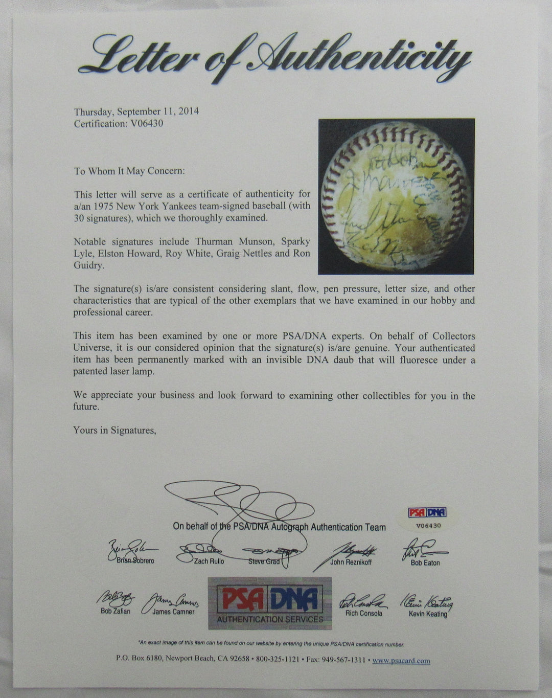 Thurman Munson Elston Howard Sparky Lyle +16 Signed Auto Yankees Team Signed Baseball PSA/DNA LOA V06430