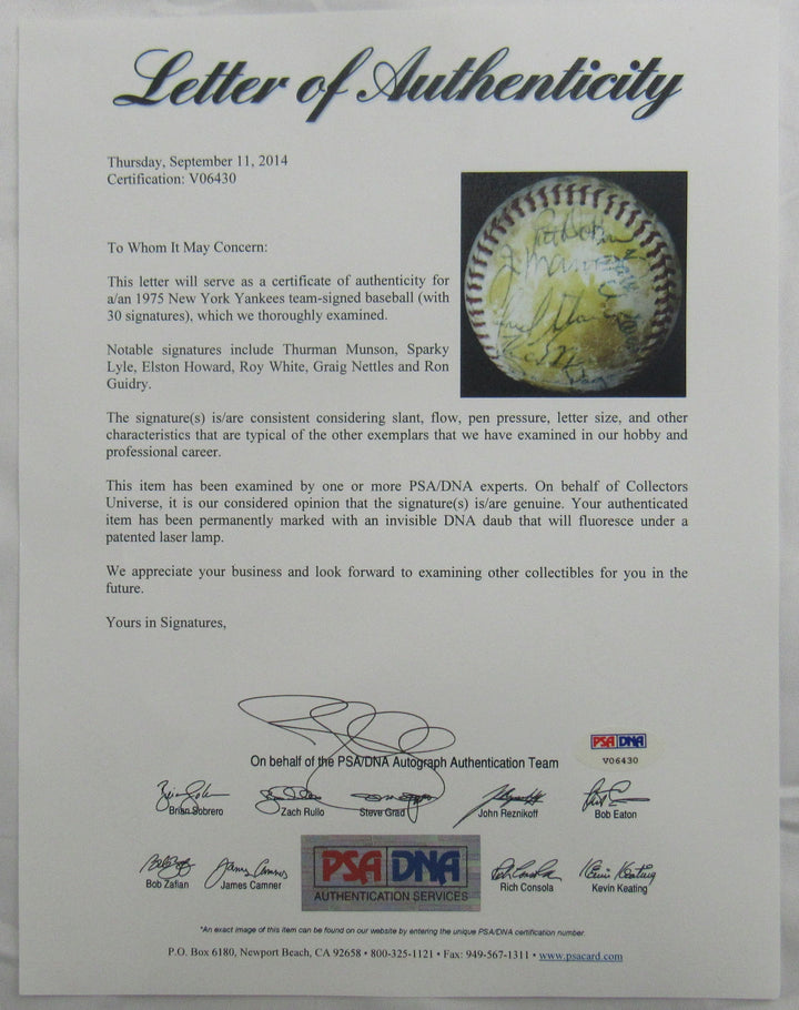 Thurman Munson Elston Howard Sparky Lyle +16 Signed Auto Yankees Team Signed Baseball PSA/DNA LOA V06430