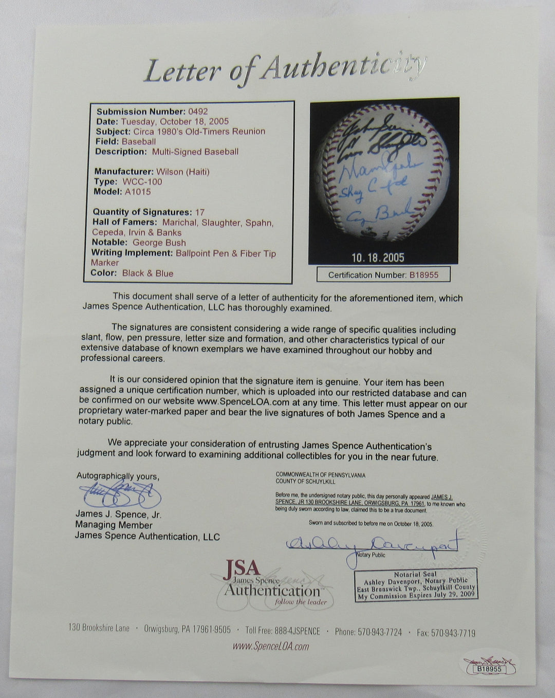 Circa 1980's Old-Timers Reunion George Bush 41 , Juan Marichal Enos Slaughter +15 Signed Auto Baseball JSA LOA B18955