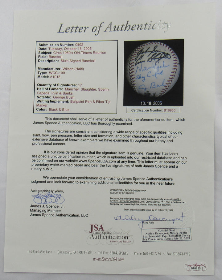 Circa 1980's Old-Timers Reunion George Bush 41 , Juan Marichal Enos Slaughter +15 Signed Auto Baseball JSA LOA B18955