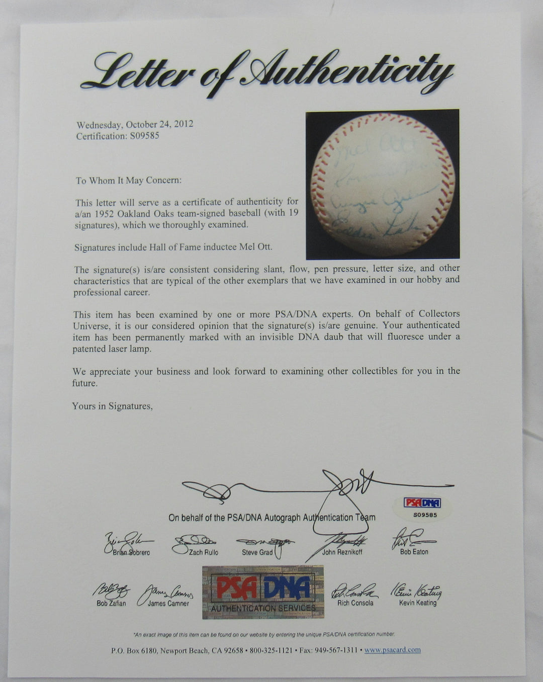 Mel Ott Augie Galan Len Attyd +16 Signed Auto Baseball PSA/DNA LOA S09585