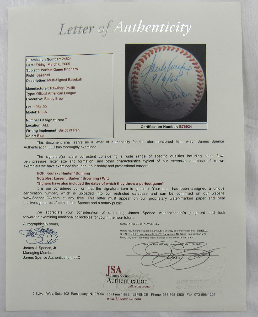 Sandy Koufax Jim Hunter Jim Bunning +4 Signed Auto Baseball JSA LOA B76924