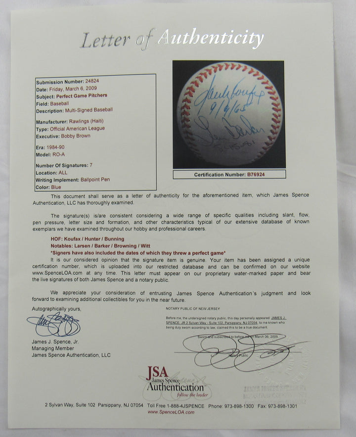 Sandy Koufax Jim Hunter Jim Bunning +4 Signed Auto Baseball JSA LOA B76924