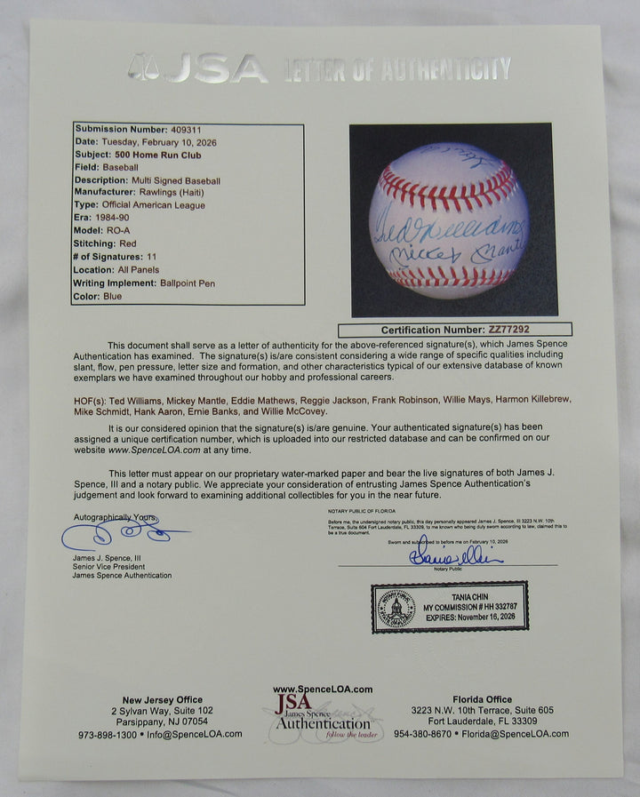 500 HR Club Signed Rawlings Baseball JSA LOA ZZ77292