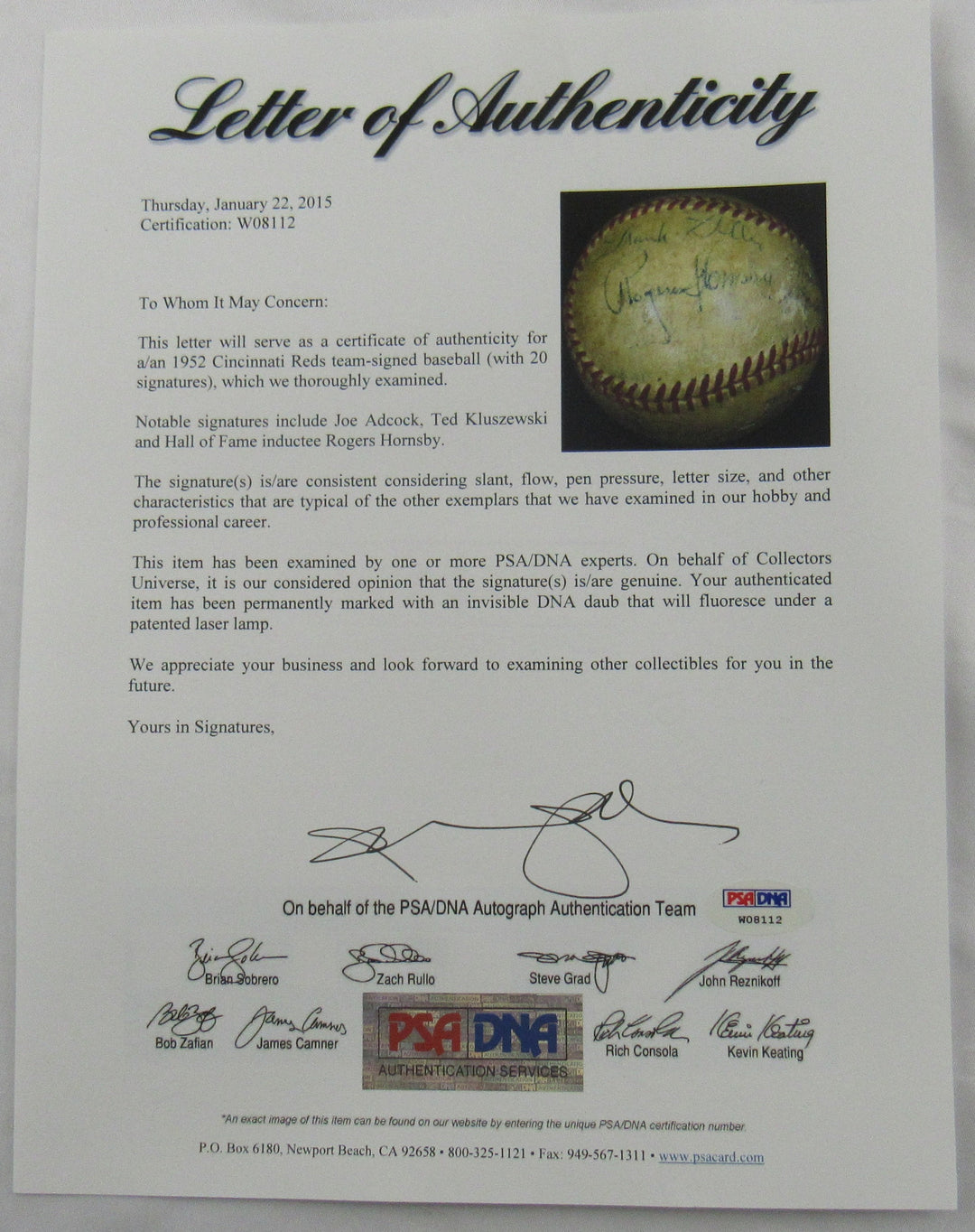 Rogers Hornsby Ted Kluszewski Earle Brucker Sr +17 1952 Reds Team Signed Auto Baseball PSA/DNA LOA W08112