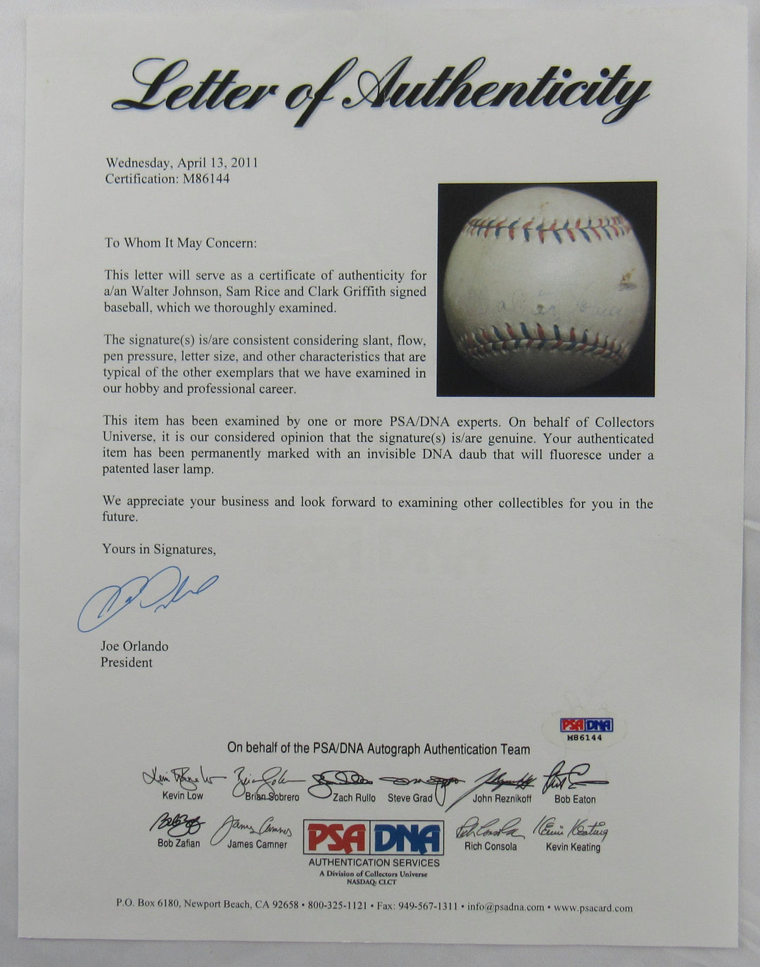 Walter Johnson Sam Rice Clark Griffith Signed Auto Baseball PSA/DNA LOA M86144