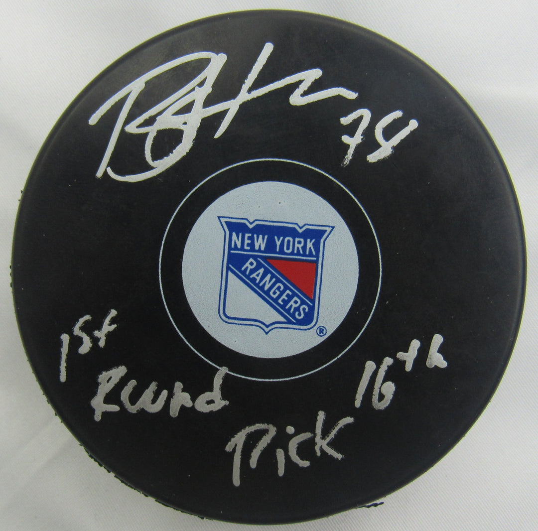 Brennan Othmann Signed Auto Rangers Puck w/ Insc JSA CF42659