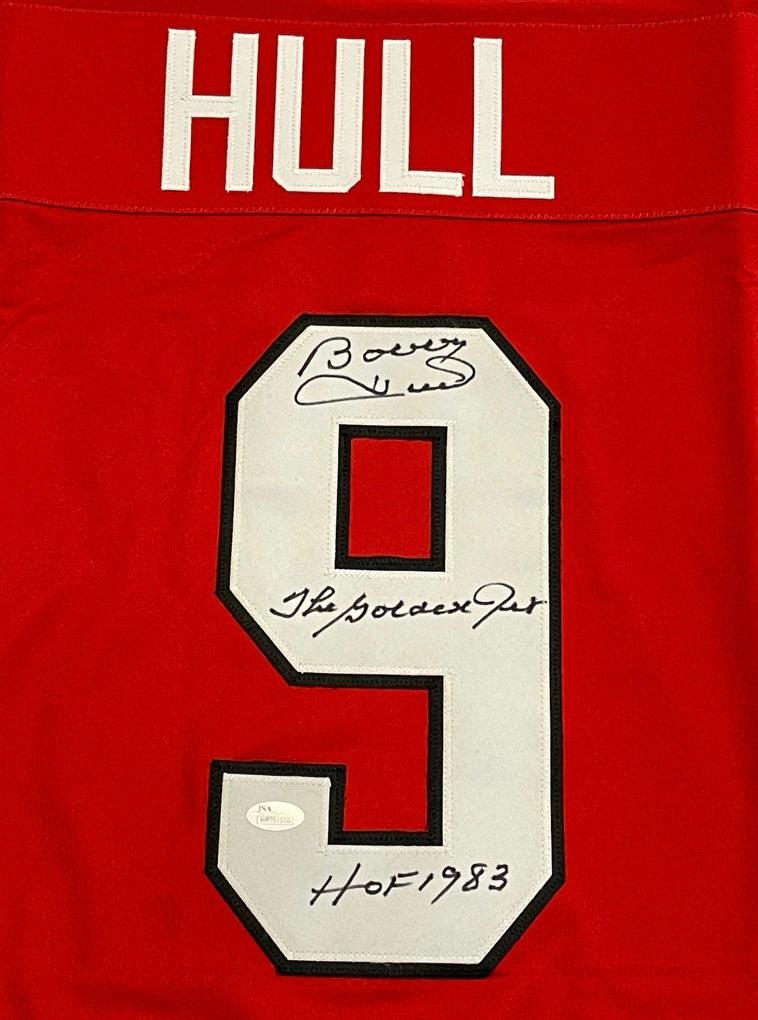 Bobby Hull Signed The Golden Jet HOF 83 Inscription Chicago Red Hockey Jersey (JSA)