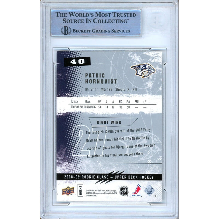 Patric Hornqvist Nashville Predators Signed 2008-09 UD Rookie Class BAS Auth Auto Slab
