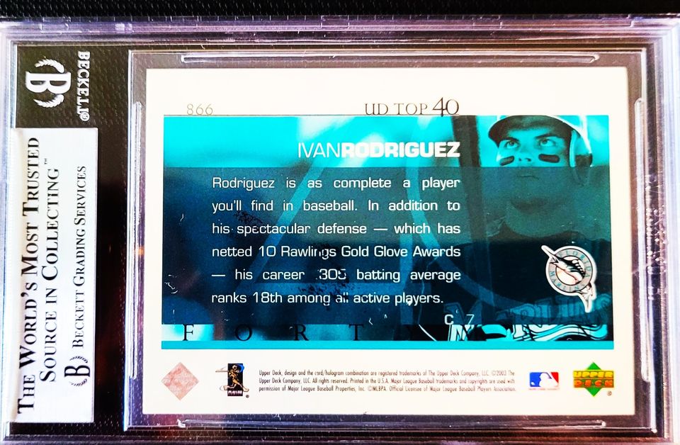 Ivan Rodriguez Florida Marlins & Hall of Famer Signed 2003 Upper Deck Top 40 Card #866 (Beckett)