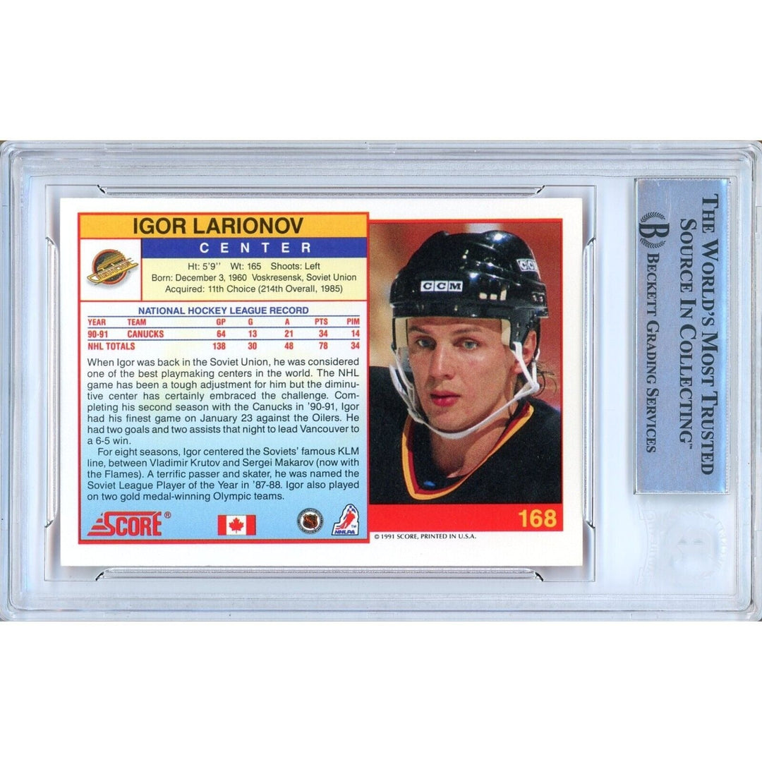 Igor Larionov Vancouver Canucks Signed 1991-92 Score Hockey Card BAS Auth Auto Slab