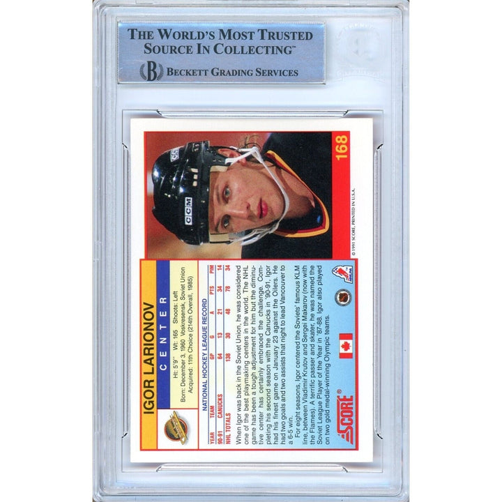 Igor Larionov Vancouver Canucks Signed 1991-92 Score Hockey Card BAS Auth Auto Slab