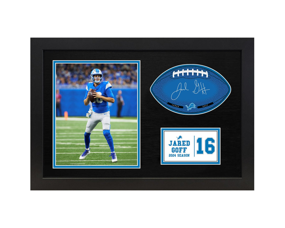 Jared Goff Detroit LionsSignable With Players Facsimile Signature and Photo Display in a 15H x 22W x 0.75D High Quality Black Frame