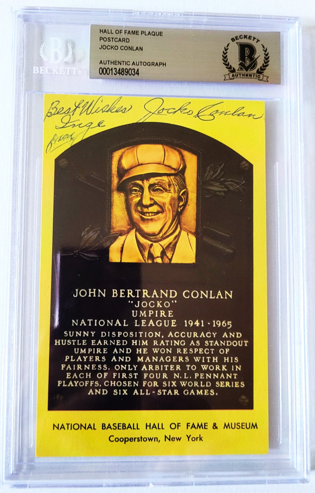 Jocko Conlan Hall of Fame Umpire Signed Hall of Fame Plaque Postcard (Beckett Authenticated)