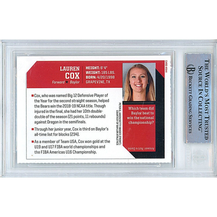 Lauren Cox Baylor Bears Signed 2019 Sports Illustrated for Kids Card Beckett Auth Auto Slab