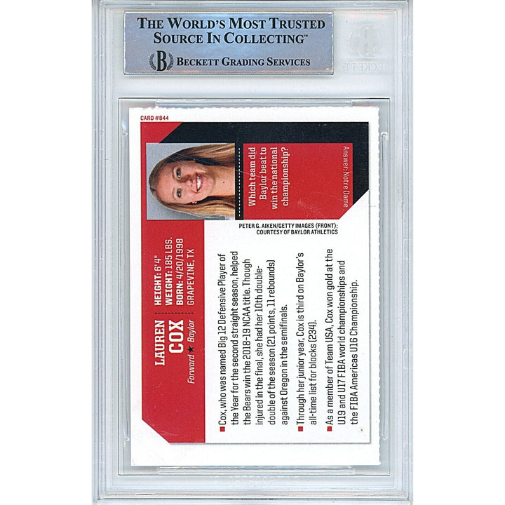 Lauren Cox Baylor Bears Signed 2019 Sports Illustrated for Kids Card Beckett Auth Auto Slab