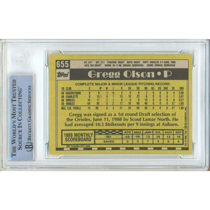 Gregg Olson Baltimore Orioles Signed 1990 Topps Baseball Card Beckett Authentic Auto Slab