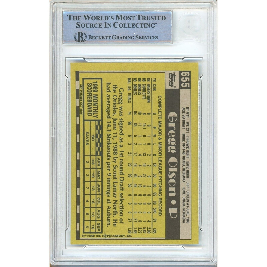 Gregg Olson Baltimore Orioles Signed 1990 Topps Baseball Card Beckett Authentic Auto Slab
