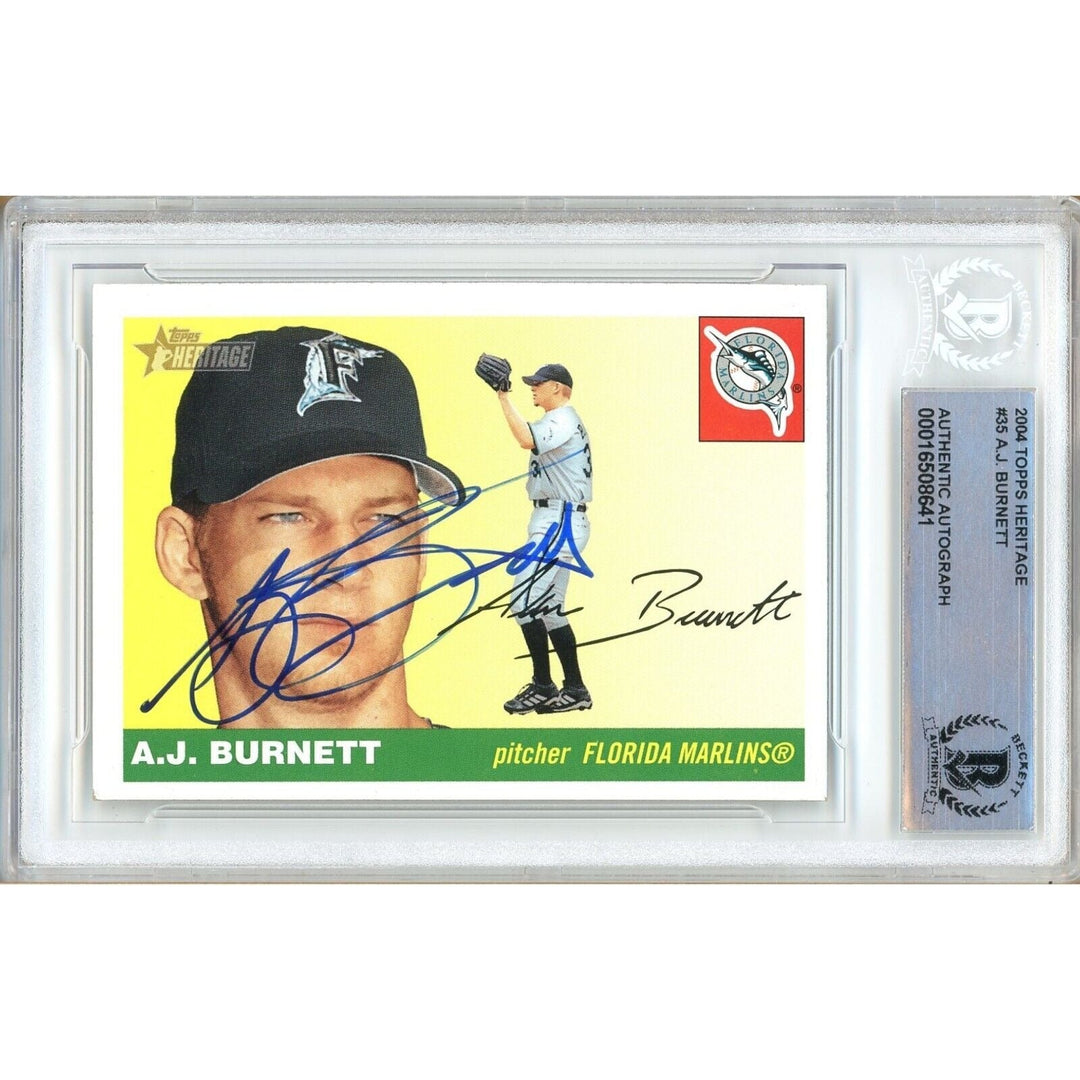 AJ Burnett Miami Marlins Signed 2004 Topps Heritage Baseball Card BAS Auth Auto Slab