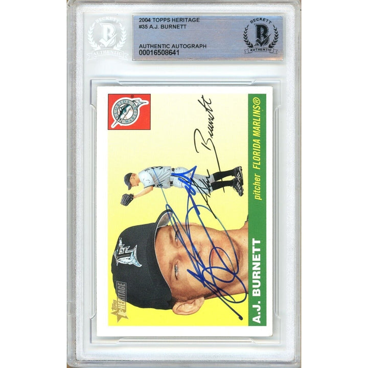 AJ Burnett Miami Marlins Signed 2004 Topps Heritage Baseball Card BAS Auth Auto Slab