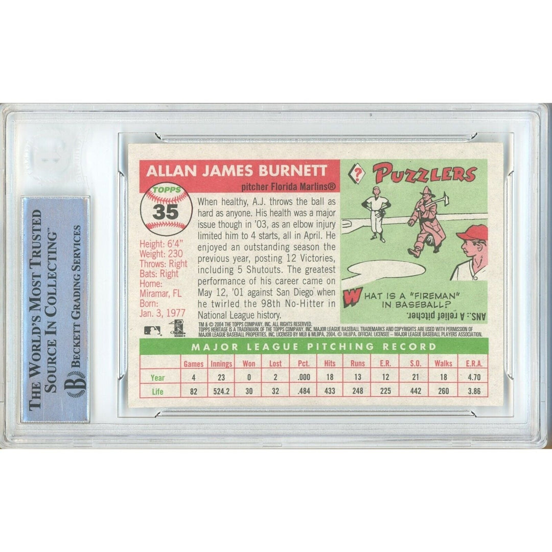 AJ Burnett Miami Marlins Signed 2004 Topps Heritage Baseball Card BAS Auth Auto Slab