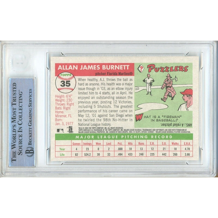 AJ Burnett Miami Marlins Signed 2004 Topps Heritage Baseball Card BAS Auth Auto Slab