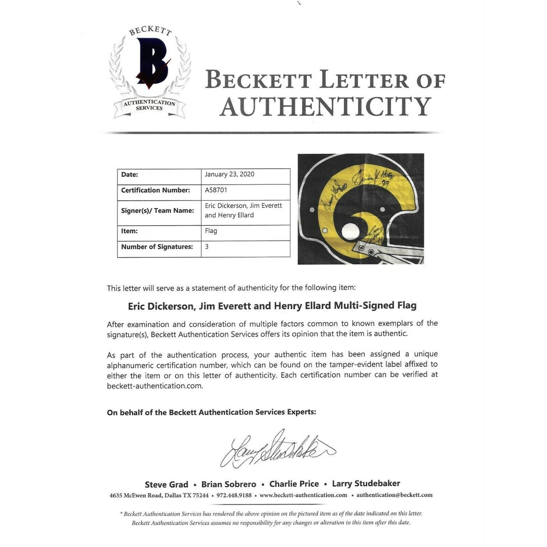 LA Rams Legends Signed Football Flag Eric Dickerson Jim Everett Henry Ellard Beckett