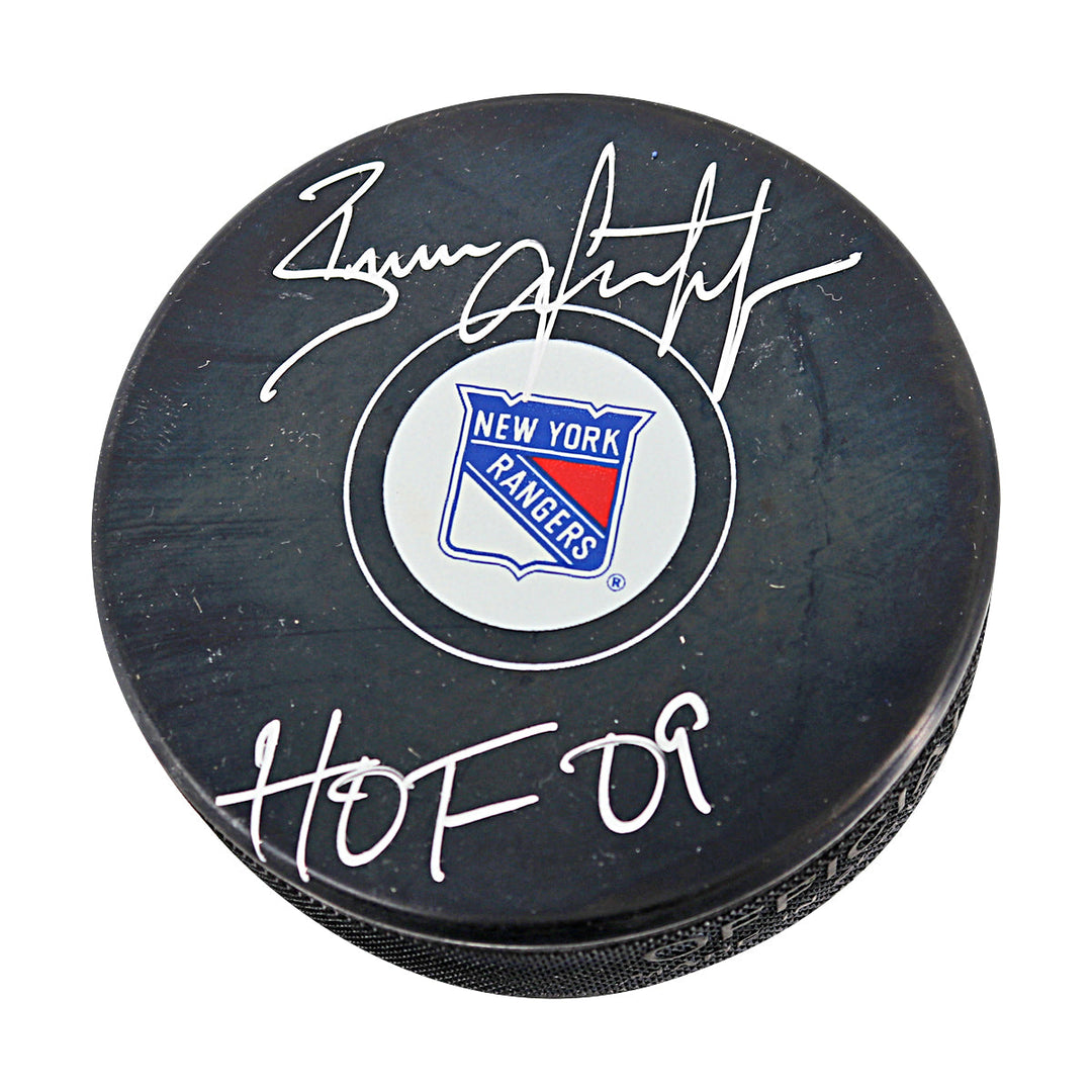 Brian Leetch New York Rangers Autographed Signed Inscribed HOF 09 Replica Rangers Puck (CX Auth)