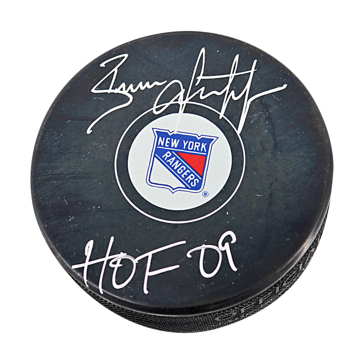 Brian Leetch New York Rangers Autographed Signed Inscribed HOF 09 Replica Rangers Puck (CX Auth)