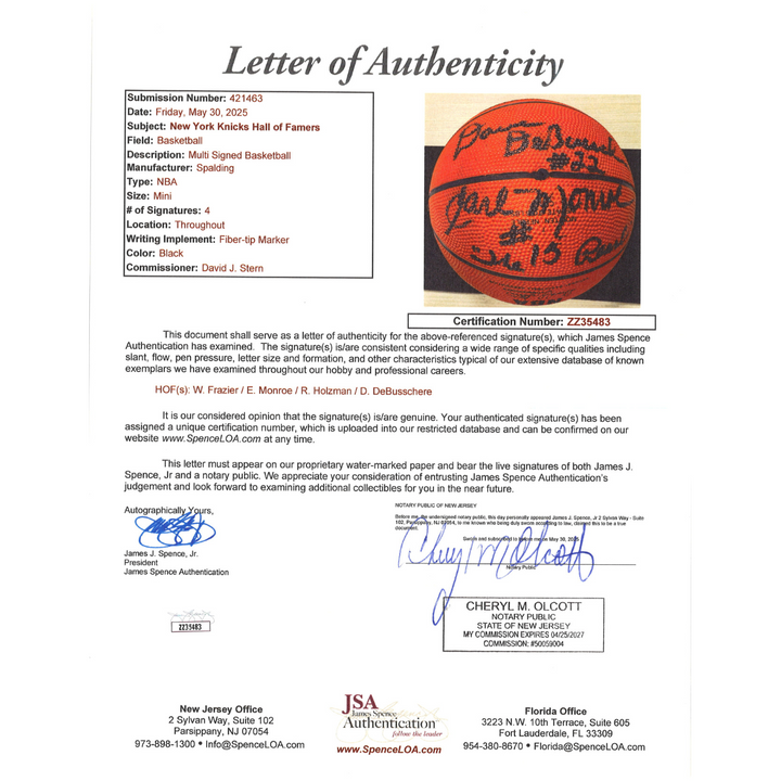 Frazier Monroe Holzman DeBusschere New York Knicks Autographed Signed Spalding Mini Basketball JSA LOA