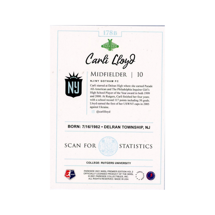 Carli Lloyd Autographed Signed 2021 NWSL Premier Parkside Soccer Card (CX Auth)
