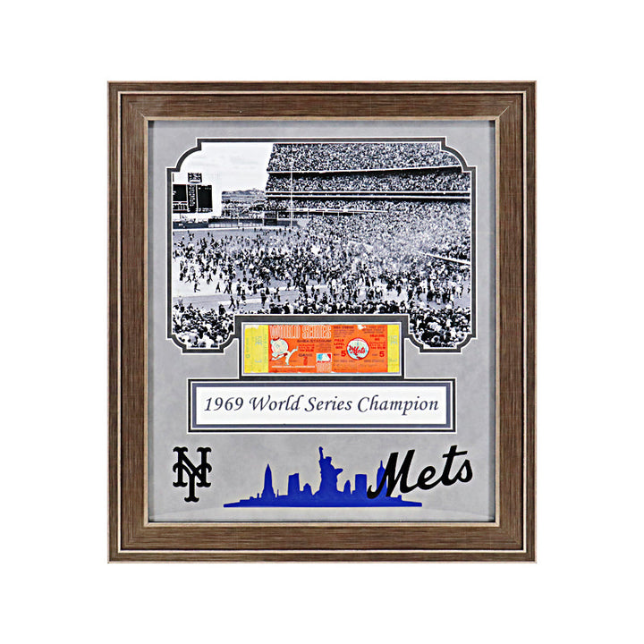 1969 New York Mets 19"x22" Framed Collage with an Imperfect Actual 1969 World Series Game 5 Ticket