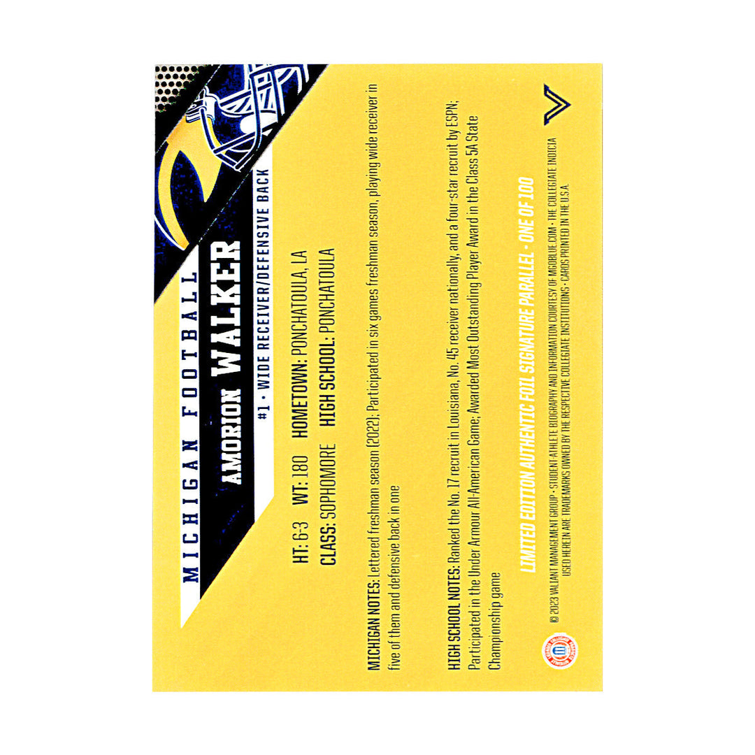 Amorion Walker Michigan Wolverines Autographed Signed Valiant Limited Edition Foil Signature Parallel Trading Card (CX Champions Circle LOA)