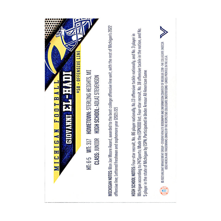 Giovanni El-Hadi Michigan Wolverines Autographed Signed 2023 Valiant Trading Card (CX Champions Circle LOA)