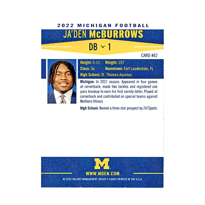 Ja'Den McBurrows Michigan Wolverines Autographed Signed 2022 Valiant Trading Card (CX Champions Circle LOA)